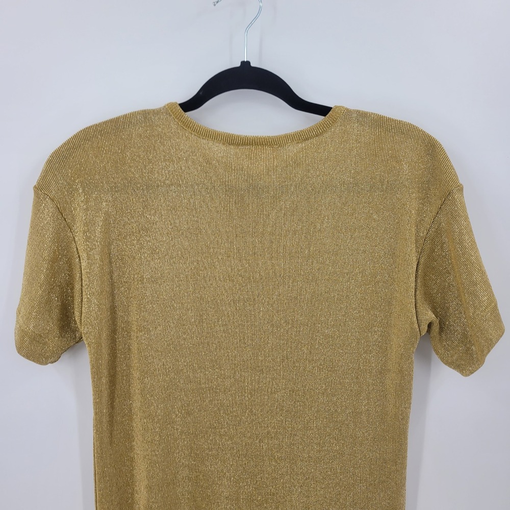 Vtg Gold Metallic Ribbed Knit Short Sleeve Top Sz S Layering Glam Cocktail - Picture 6 of 7